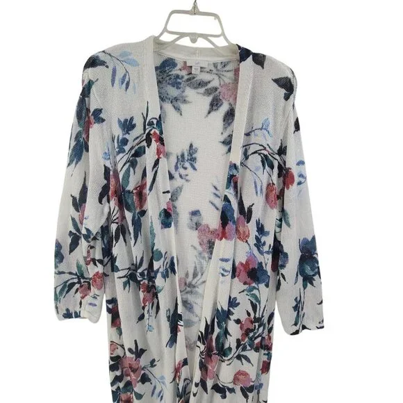 J. Jill Floral Linen Open Duster Cardigan Size Large White Spring Watercolor - Picture 4 of 10